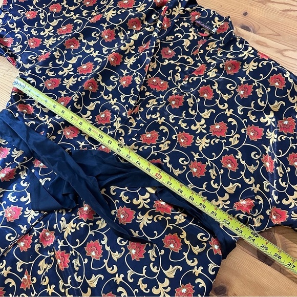 Vintage Fredericks of Hollywood Navy Blue Gold red Floral Satin short Robe Sz L - Picture 7 of 8